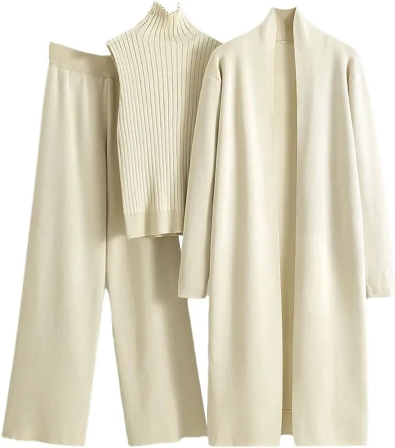 Women's Knit 3 Piece Lounge Set Long Knit Cardigan Wide Leg Pant And Mock Neck Vest Set Ladies Sweater Suits