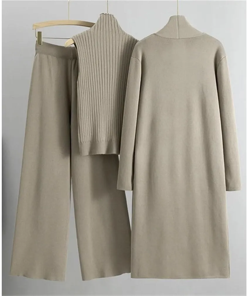 Women's Knit 3 Piece Lounge Set Long Knit Cardigan Wide Leg Pant And Mock Neck Vest Set Ladies Sweater Suits