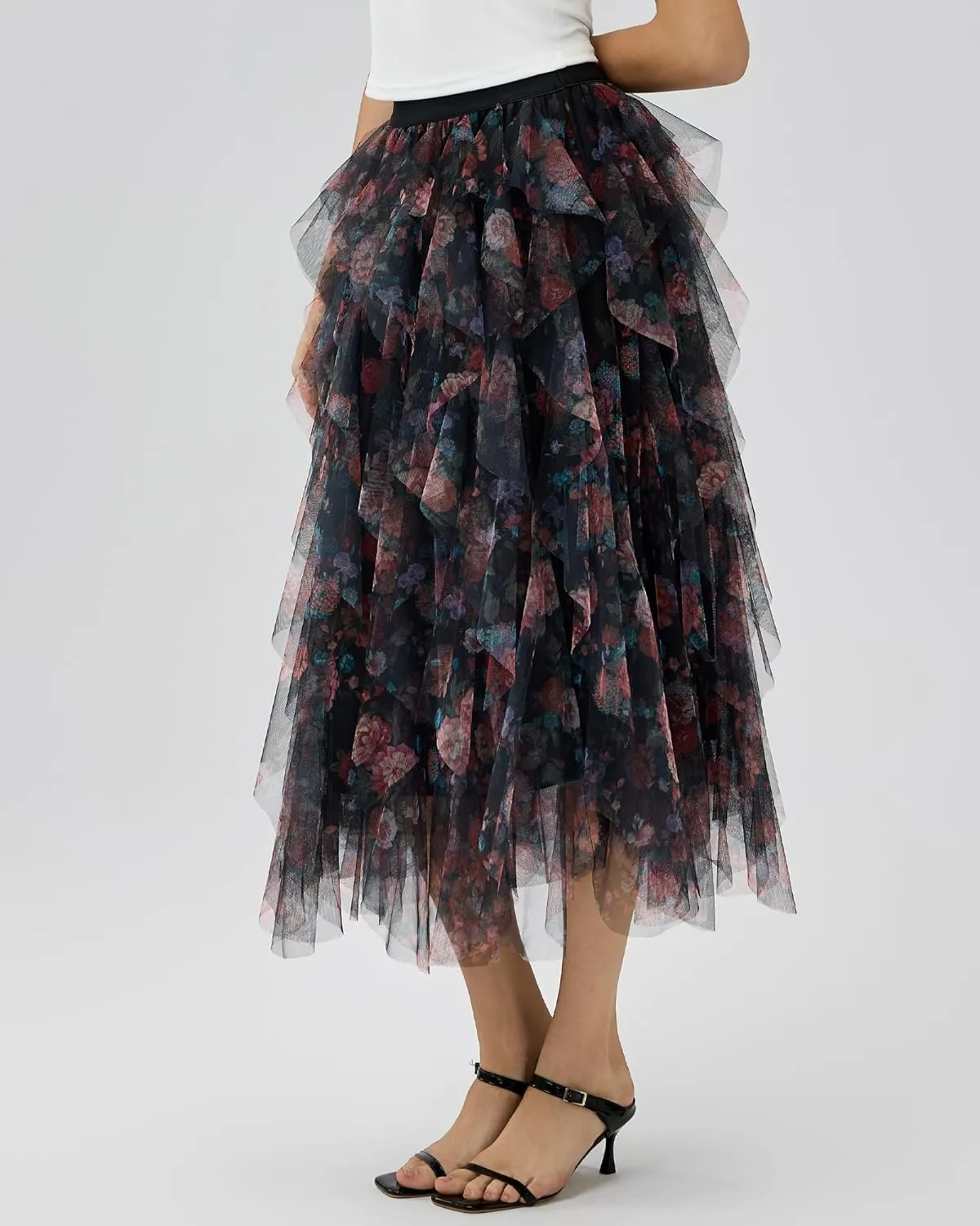 Womens Layered Ruffles Tulle Skirt Pleated High Waist Fluffy Maxi Skirt Fairy Cake Dress Long Tutu Party Skirt