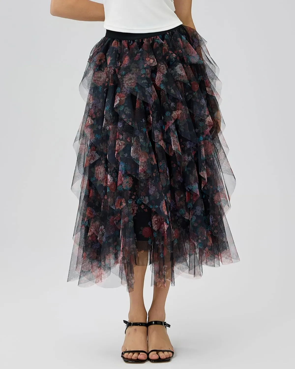 Womens Layered Ruffles Tulle Skirt Pleated High Waist Fluffy Maxi Skirt Fairy Cake Dress Long Tutu Party Skirt