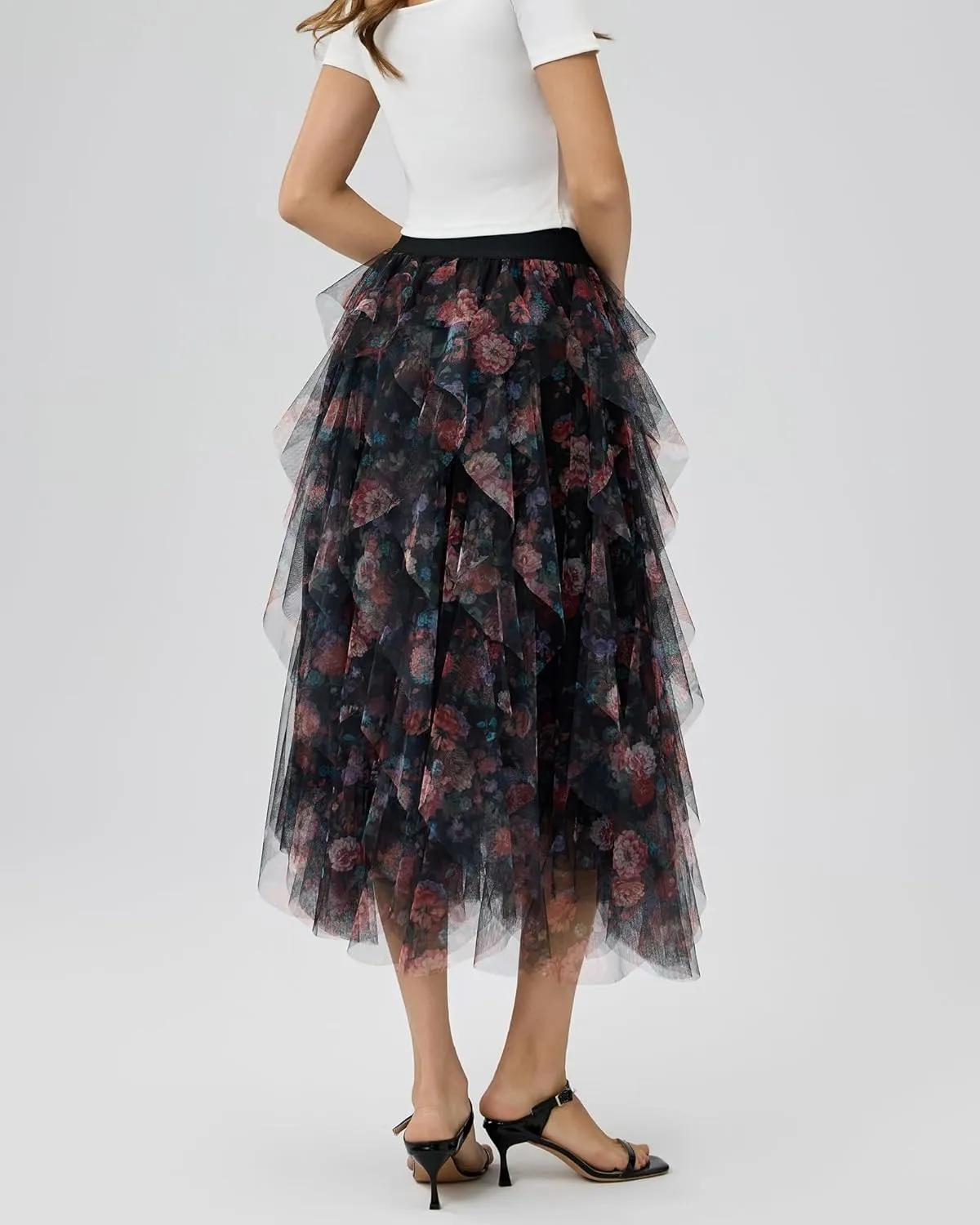 Womens Layered Ruffles Tulle Skirt Pleated High Waist Fluffy Maxi Skirt Fairy Cake Dress Long Tutu Party Skirt