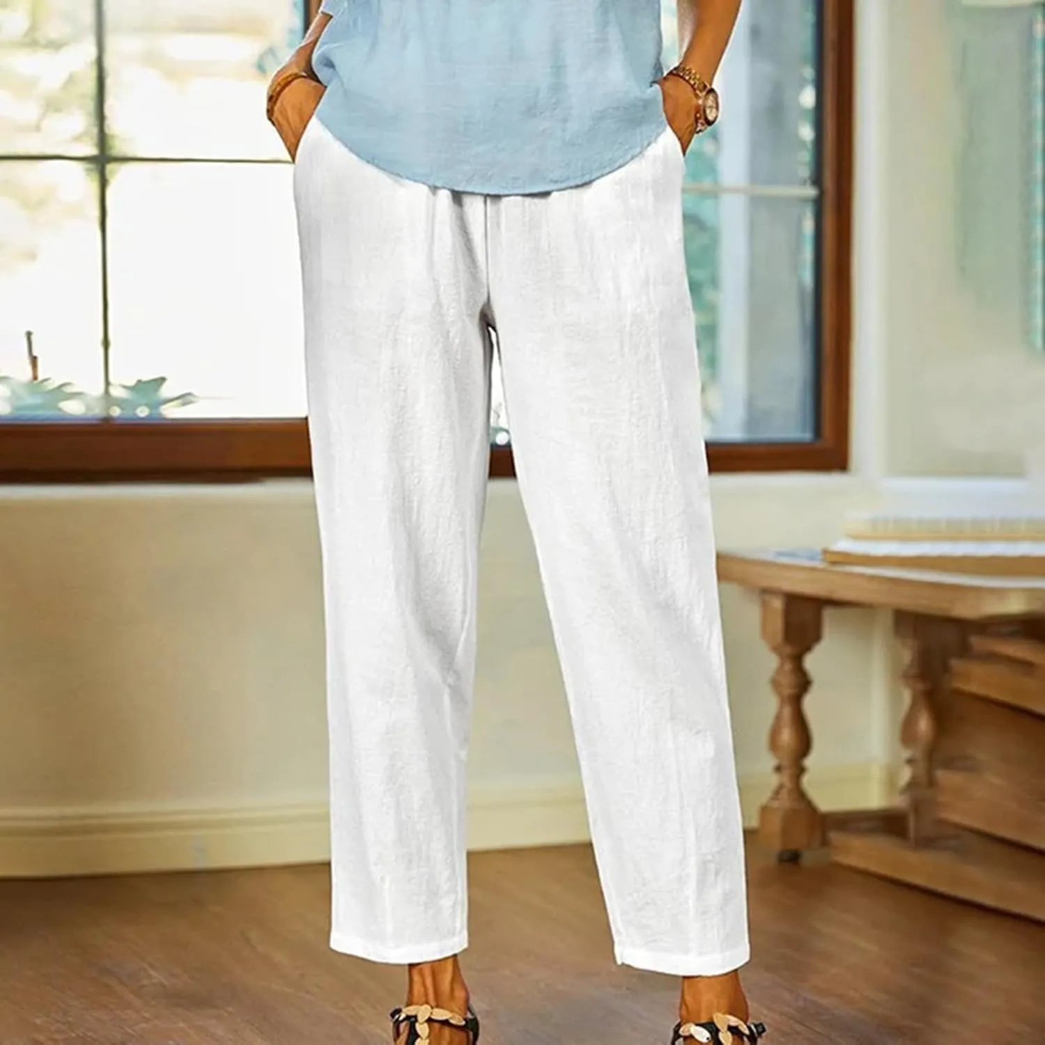 Womens Lightweight Cotton Linen Trousers Summer Solid Color Straight Tube Elastic Waist Wide Leg Pants with Pockets