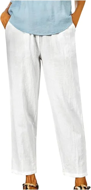 Womens Lightweight Cotton Linen Trousers Summer Solid Color Straight Tube Elastic Waist Wide Leg Pants with Pockets