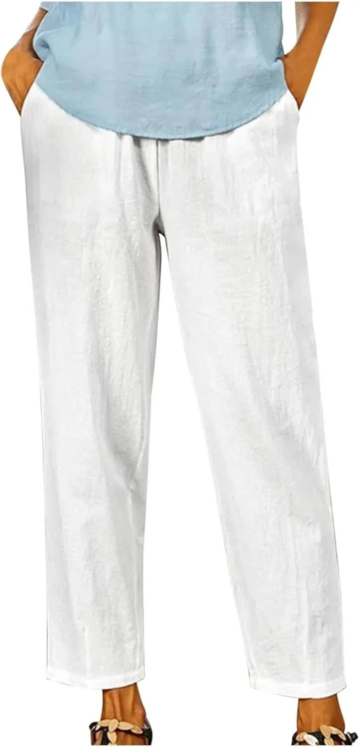 Womens Lightweight Cotton Linen Trousers Summer Solid Color Straight Tube Elastic Waist Wide Leg Pants with Pockets