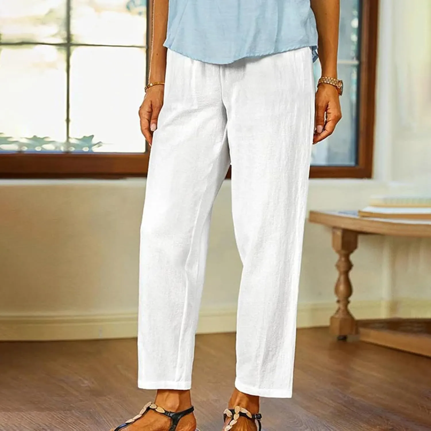 Womens Lightweight Cotton Linen Trousers Summer Solid Color Straight Tube Elastic Waist Wide Leg Pants with Pockets
