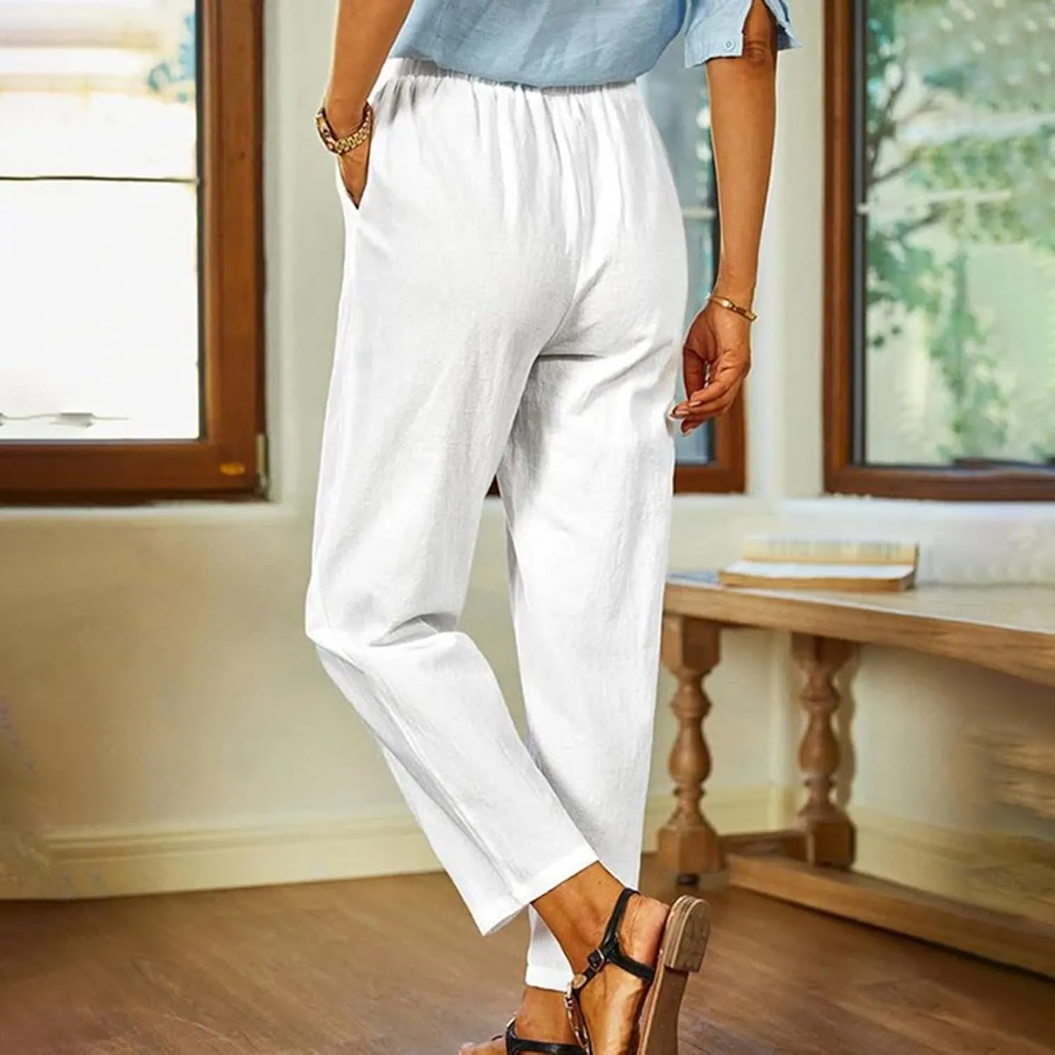 Womens Lightweight Cotton Linen Trousers Summer Solid Color Straight Tube Elastic Waist Wide Leg Pants with Pockets