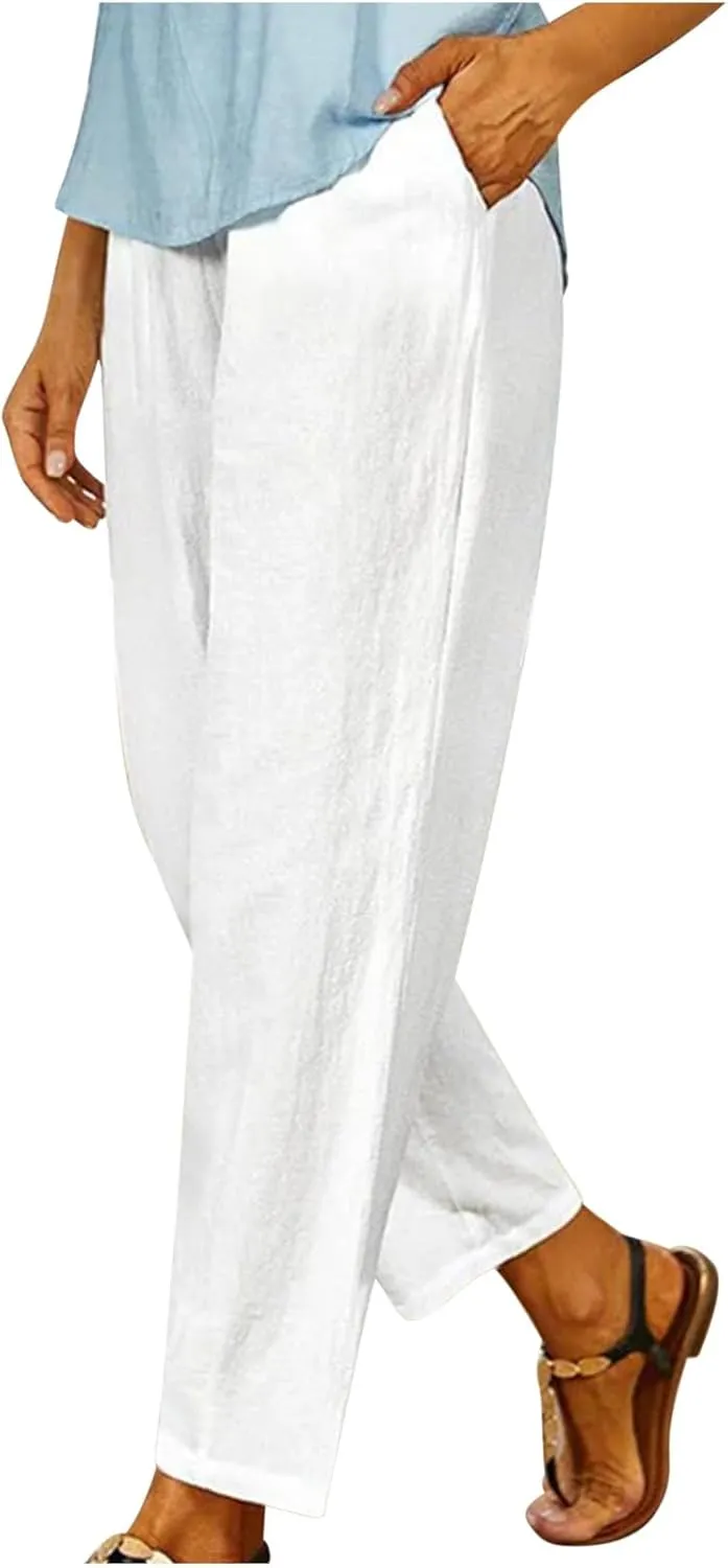 Womens Lightweight Cotton Linen Trousers Summer Solid Color Straight Tube Elastic Waist Wide Leg Pants with Pockets