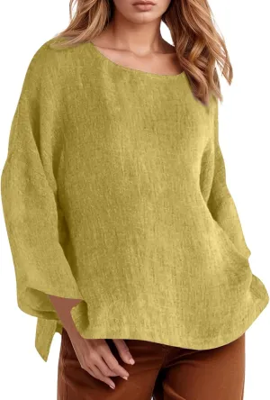Women's Linen Shirts V Neck Button Blouse Plain Comfy Tee Top Short Sleeve Loose Fit Shirt