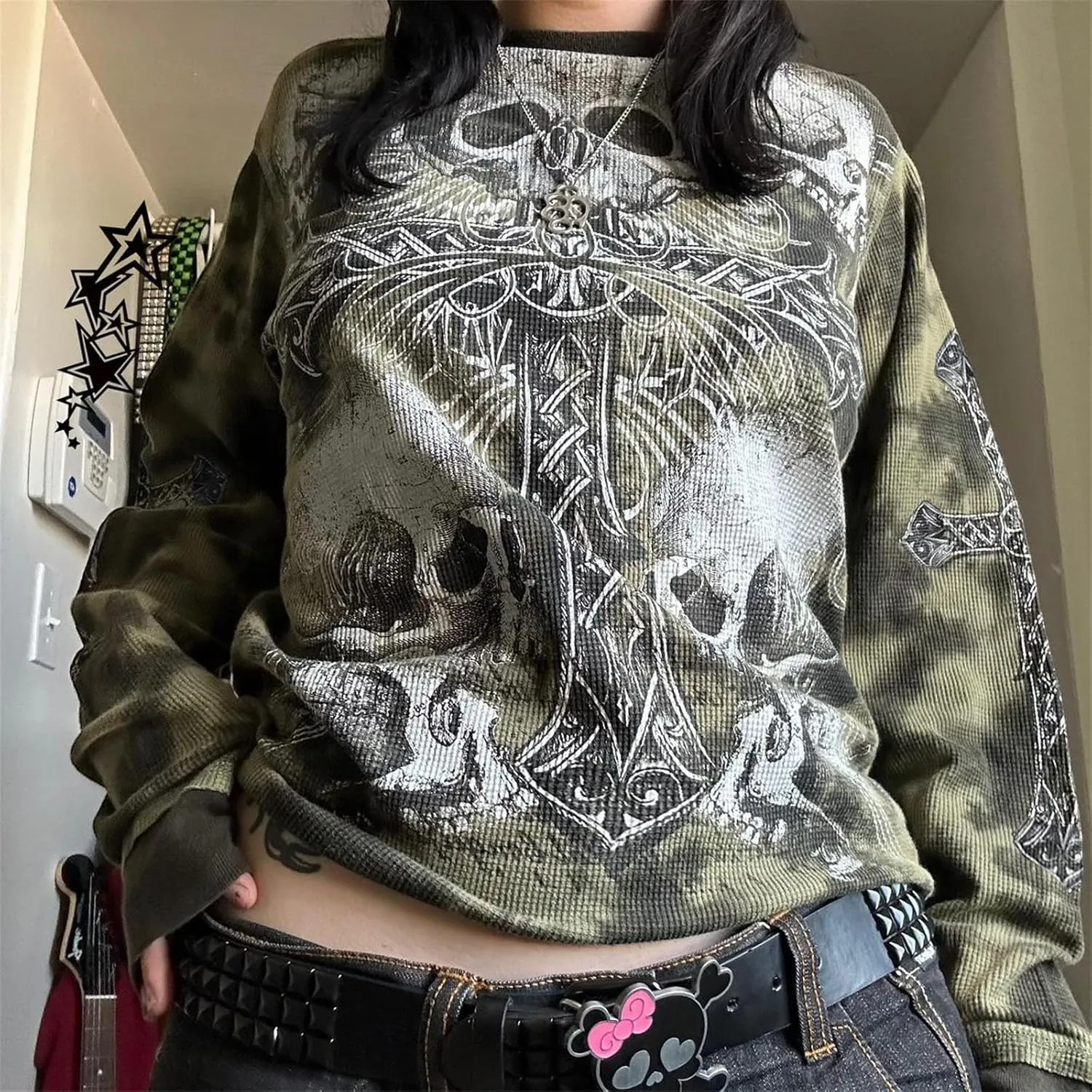 Womens Long Sleeve Fairy Grunge Tees Shirt Vintage Goth Skull Graphic Print Tops 90s Emo Aesthetic Clothes