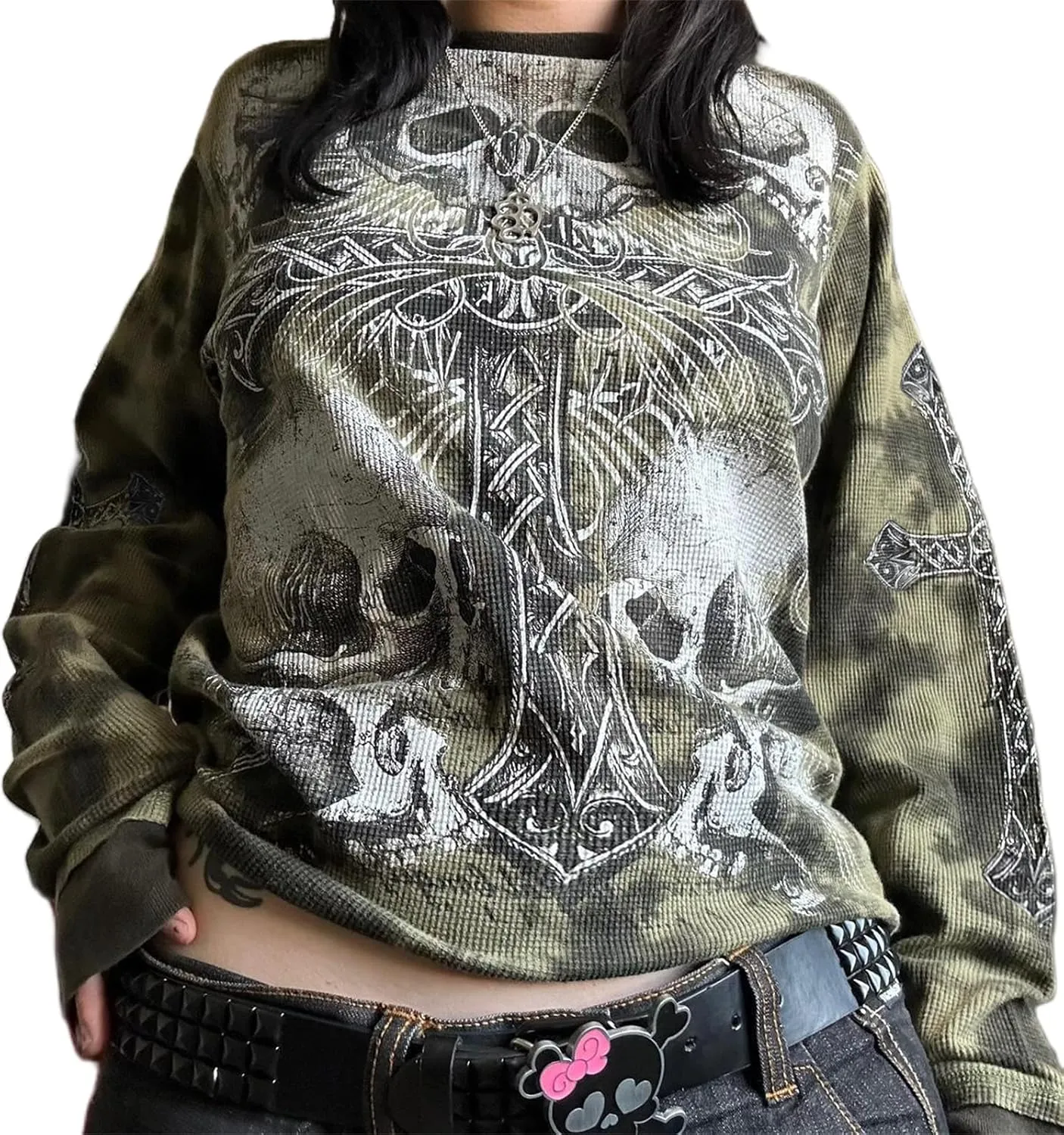 Womens Long Sleeve Fairy Grunge Tees Shirt Vintage Goth Skull Graphic Print Tops 90s Emo Aesthetic Clothes