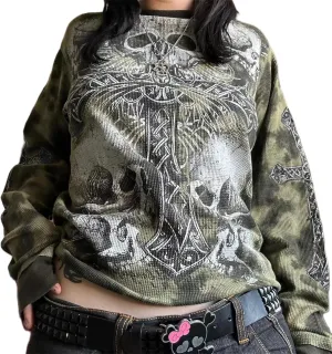 Womens Long Sleeve Fairy Grunge Tees Shirt Vintage Goth Skull Graphic Print Tops 90s Emo Aesthetic Clothes