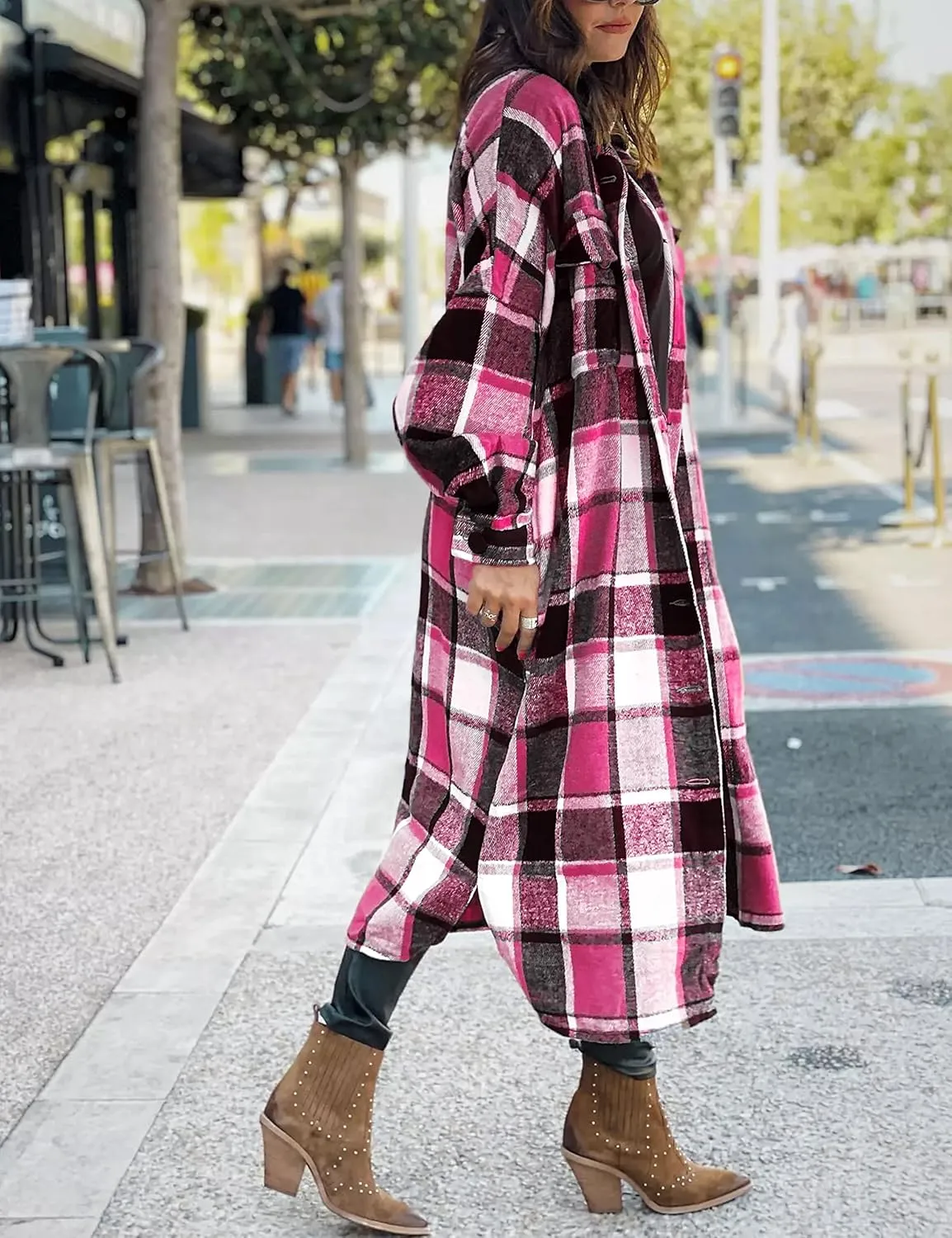 Womens Long Sleeve Long Plaid Coats Flannel Lapel Casual Button Down Wool Blend Shacket Jacket Trench Shirts