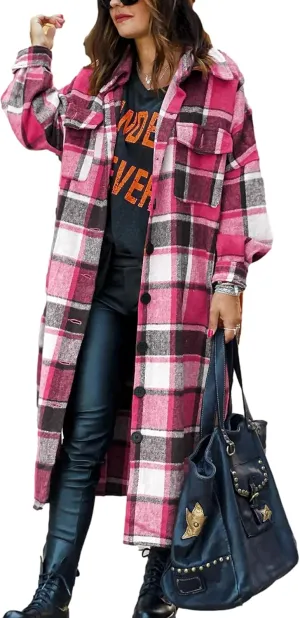 Womens Long Sleeve Long Plaid Coats Flannel Lapel Casual Button Down Wool Blend Shacket Jacket Trench Shirts