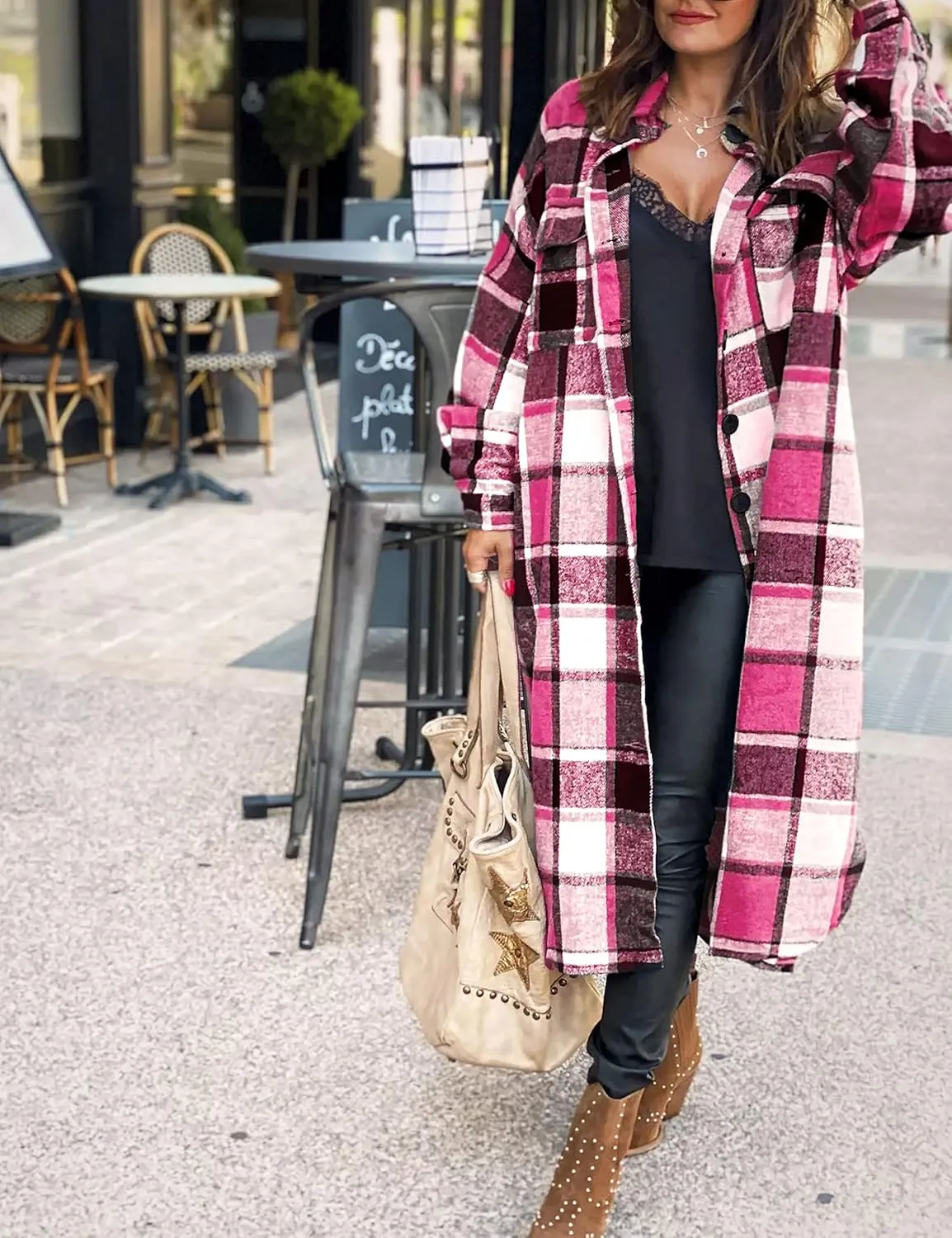 Womens Long Sleeve Long Plaid Coats Flannel Lapel Casual Button Down Wool Blend Shacket Jacket Trench Shirts