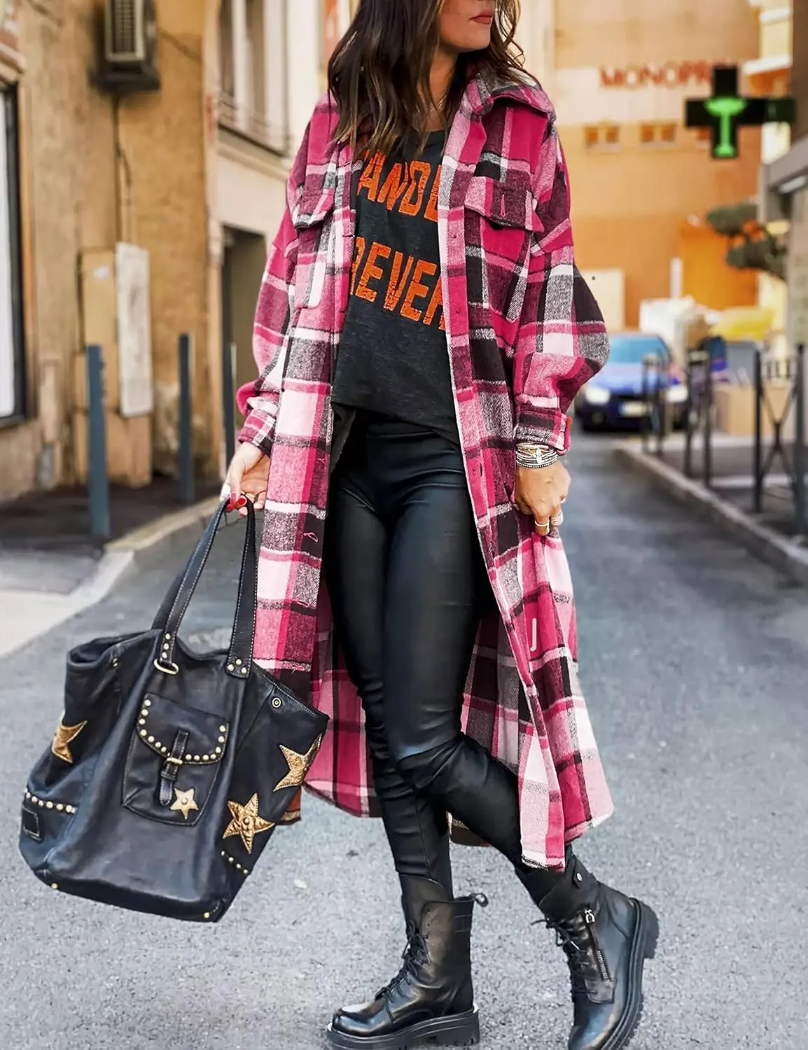 Womens Long Sleeve Long Plaid Coats Flannel Lapel Casual Button Down Wool Blend Shacket Jacket Trench Shirts