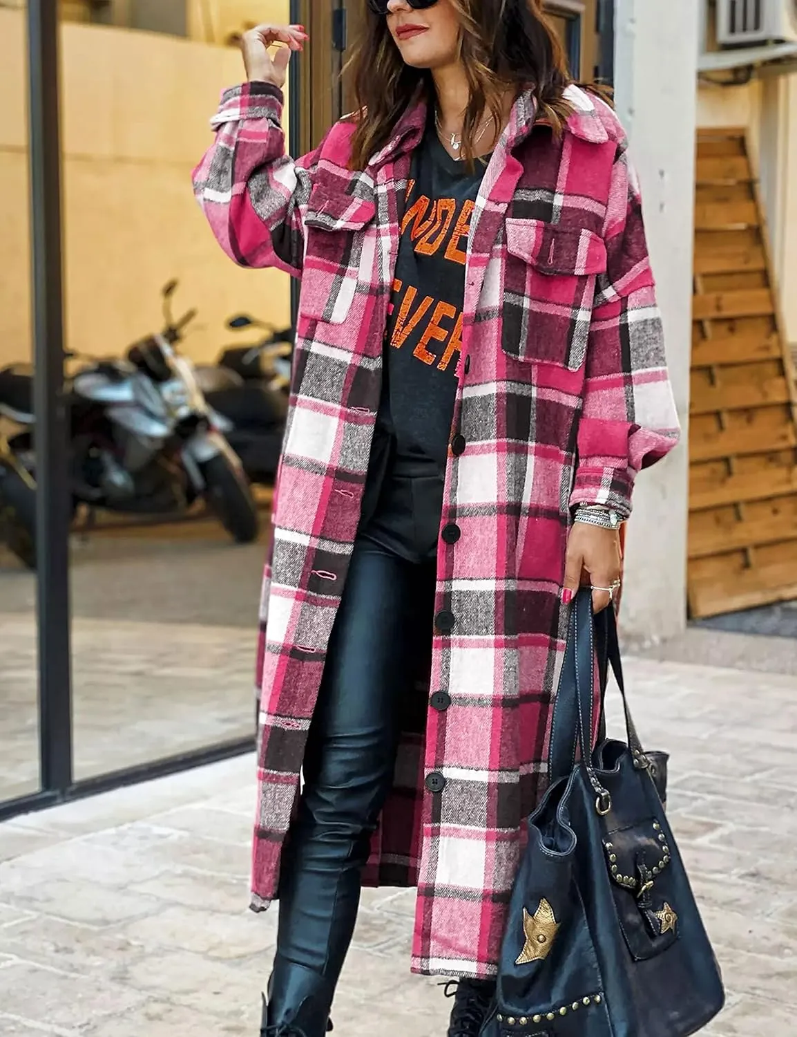 Womens Long Sleeve Long Plaid Coats Flannel Lapel Casual Button Down Wool Blend Shacket Jacket Trench Shirts