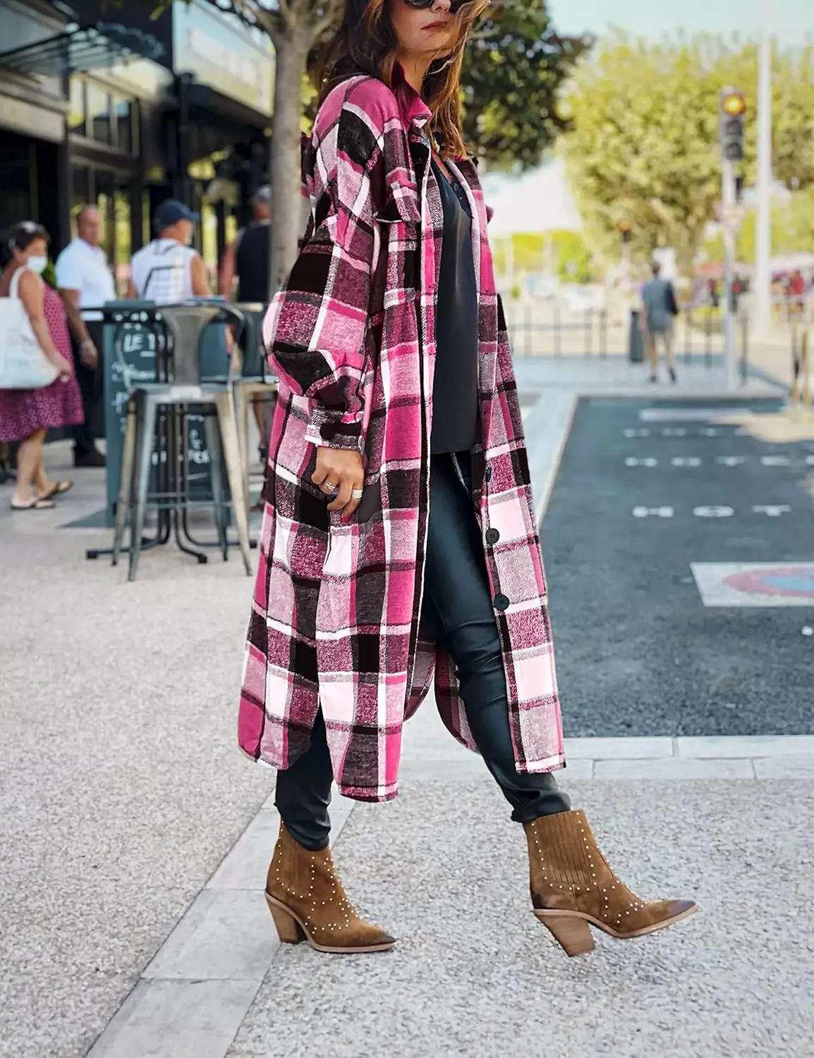 Womens Long Sleeve Long Plaid Coats Flannel Lapel Casual Button Down Wool Blend Shacket Jacket Trench Shirts