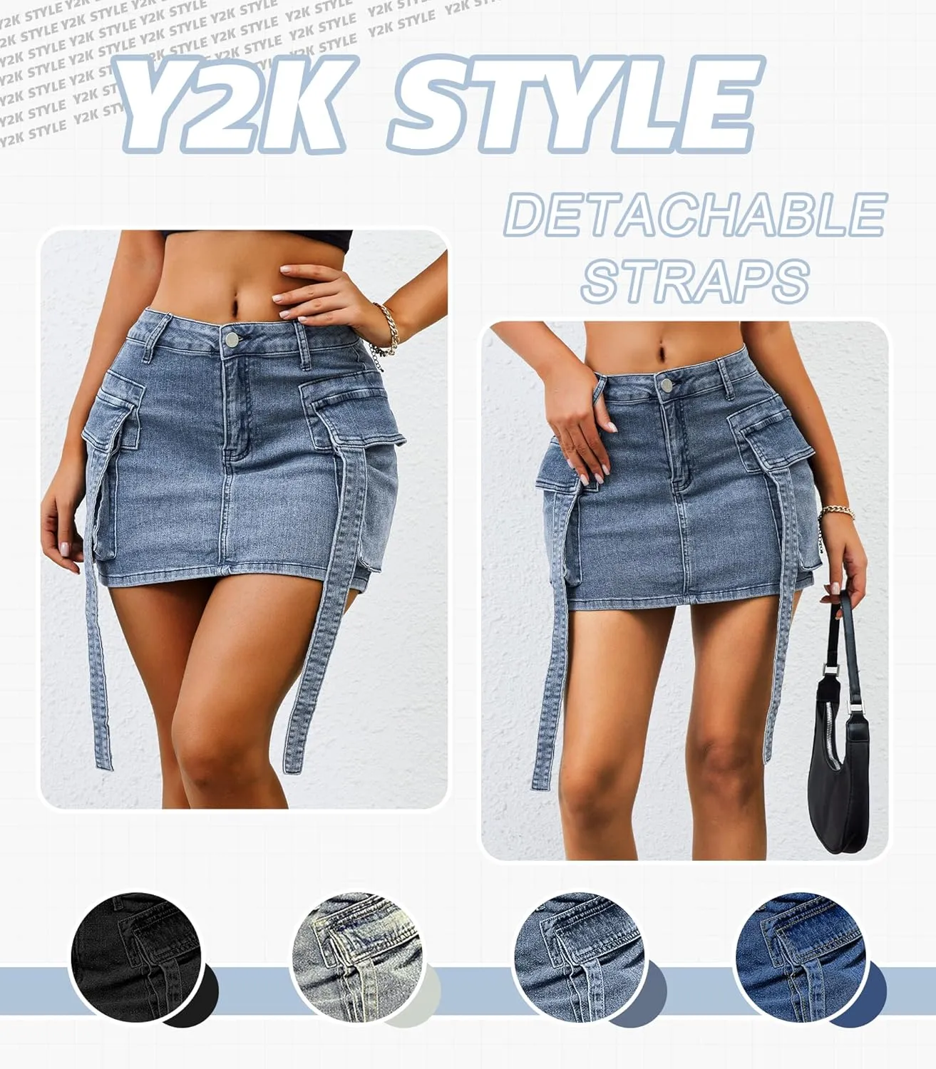 Womens Low Waist Denim Skirt Button Mini Cargo Jean Y2K Skirts with Pockets