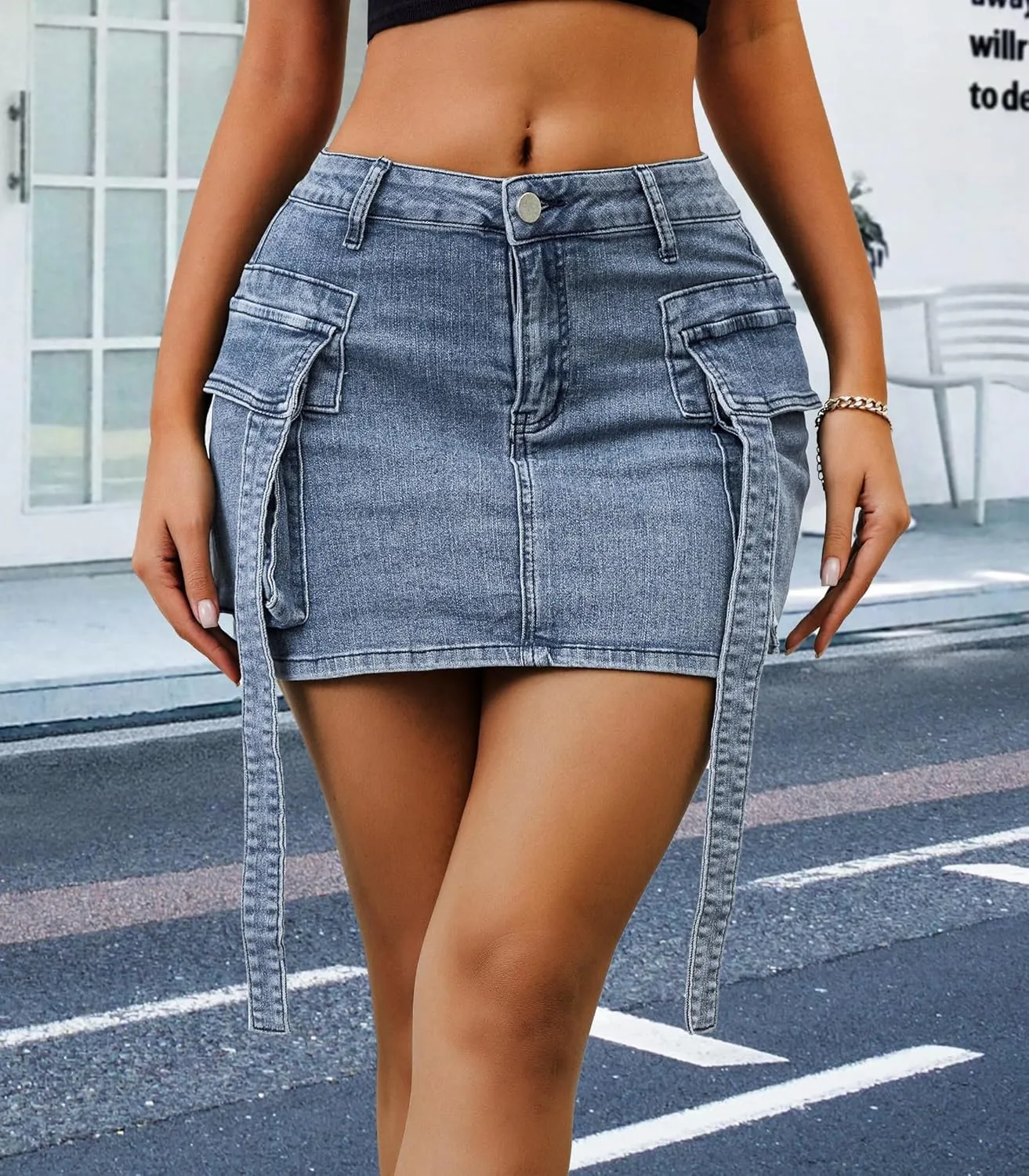Womens Low Waist Denim Skirt Button Mini Cargo Jean Y2K Skirts with Pockets