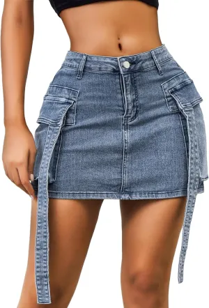 Womens Low Waist Denim Skirt Button Mini Cargo Jean Y2K Skirts with Pockets