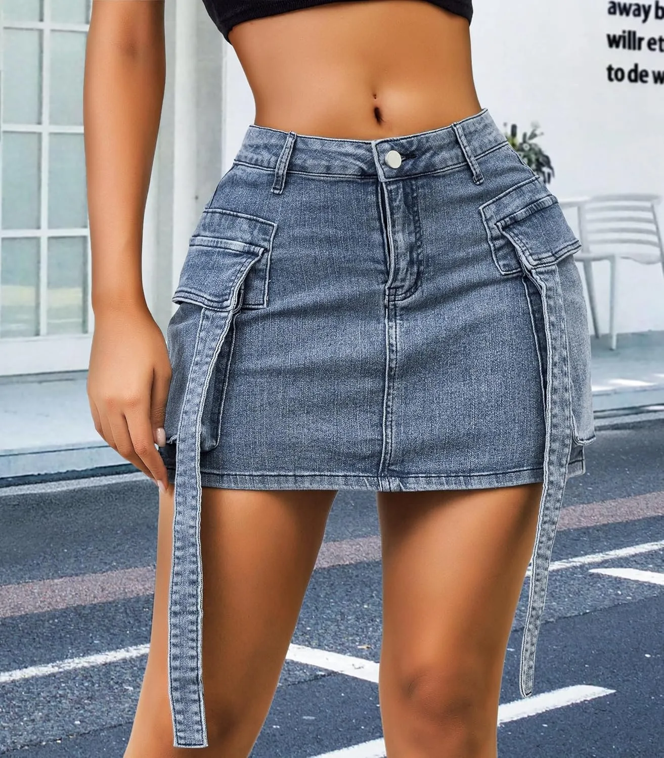 Womens Low Waist Denim Skirt Button Mini Cargo Jean Y2K Skirts with Pockets