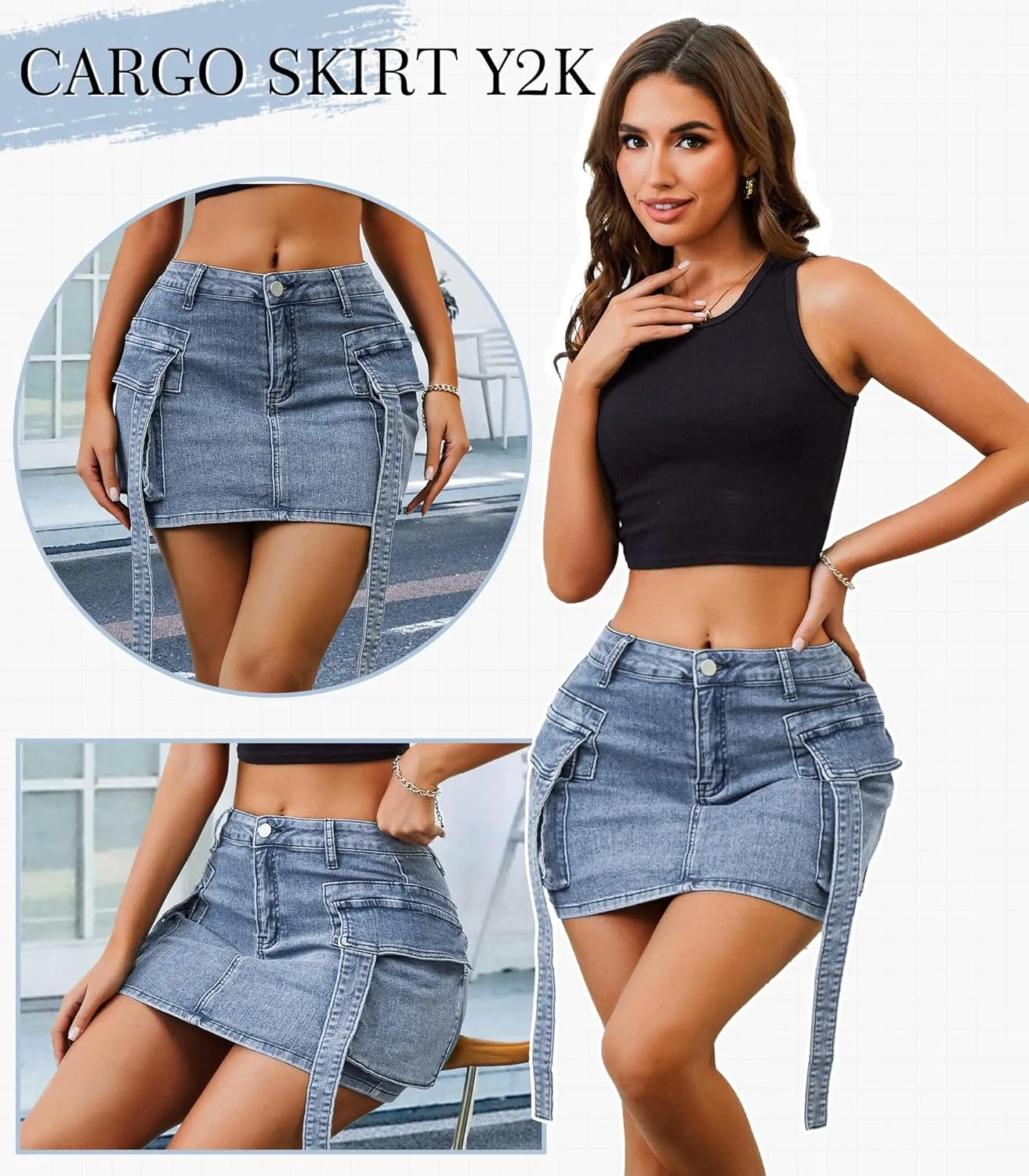 Womens Low Waist Denim Skirt Button Mini Cargo Jean Y2K Skirts with Pockets