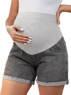 Women's Maternity Denim Over Belly High Waist Summer Casual Workout with Pockets Jeans Pregnancy Shorts