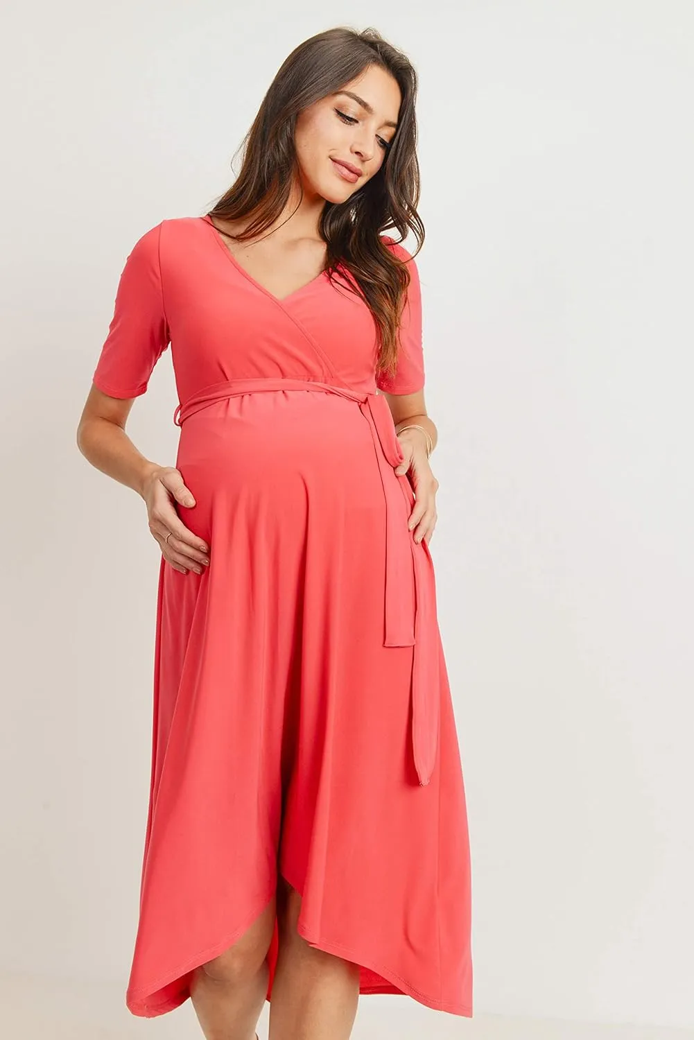 Women's Maternity Wrap Dress Midi Length with Waist Belt