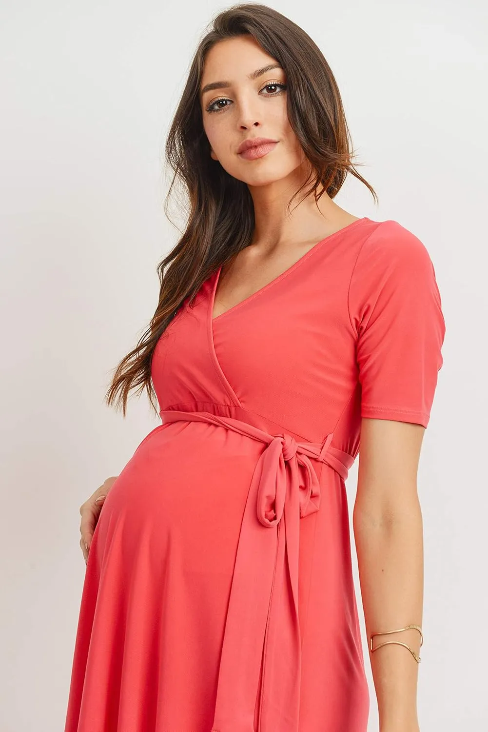 Women's Maternity Wrap Dress Midi Length with Waist Belt