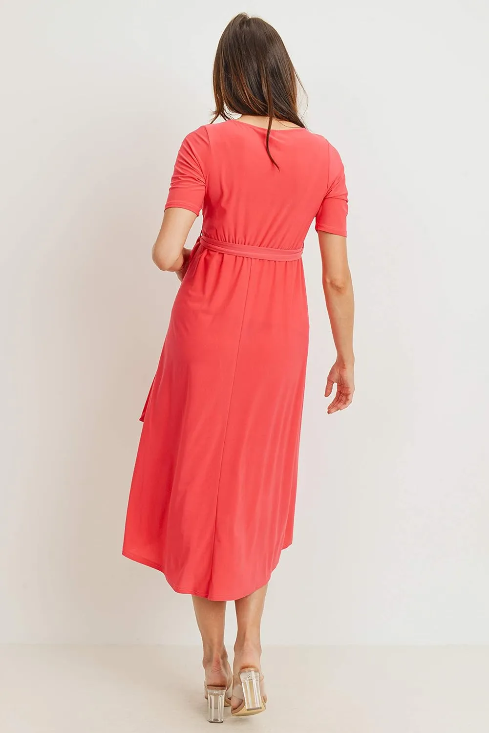Women's Maternity Wrap Dress Midi Length with Waist Belt