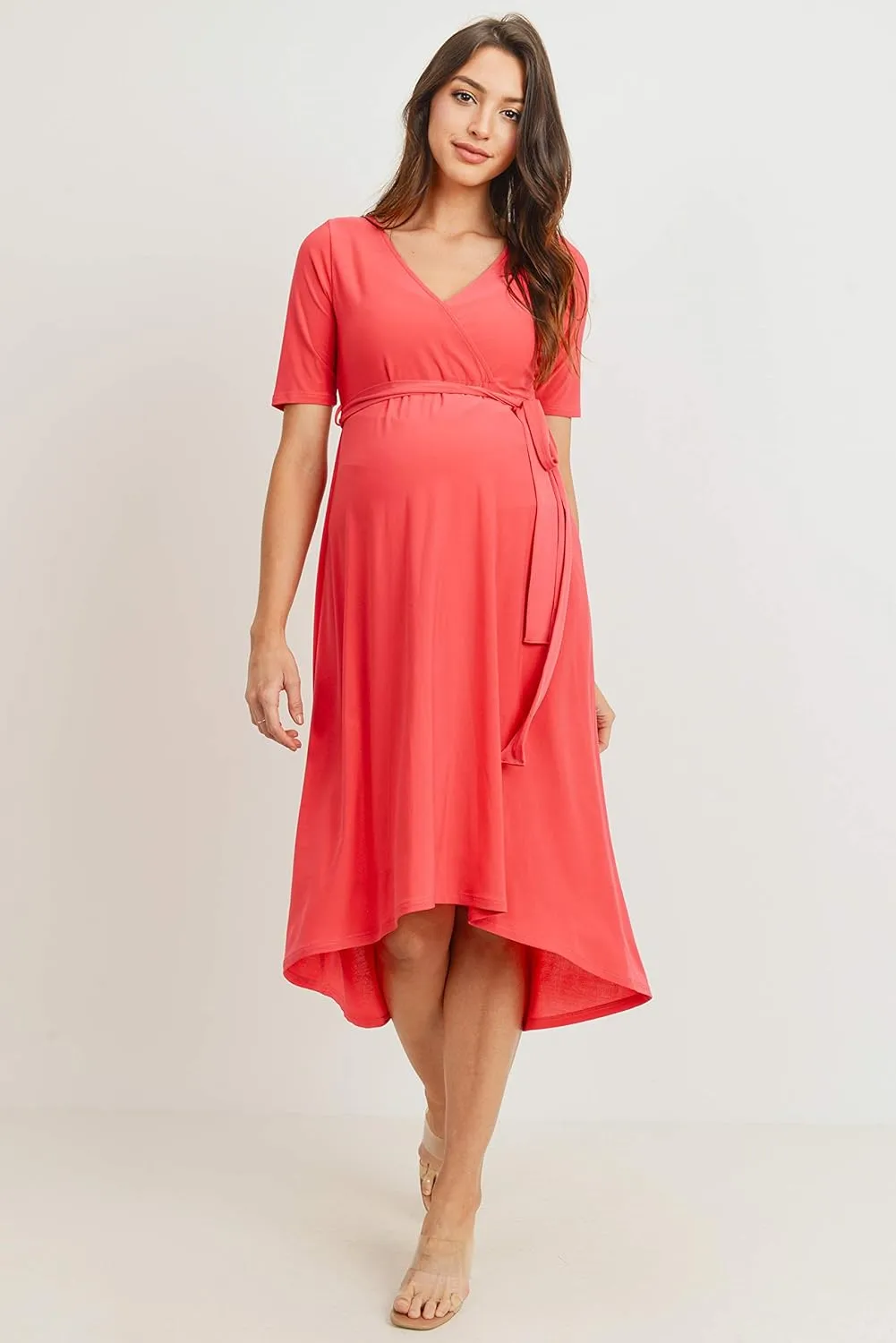 Women's Maternity Wrap Dress Midi Length with Waist Belt