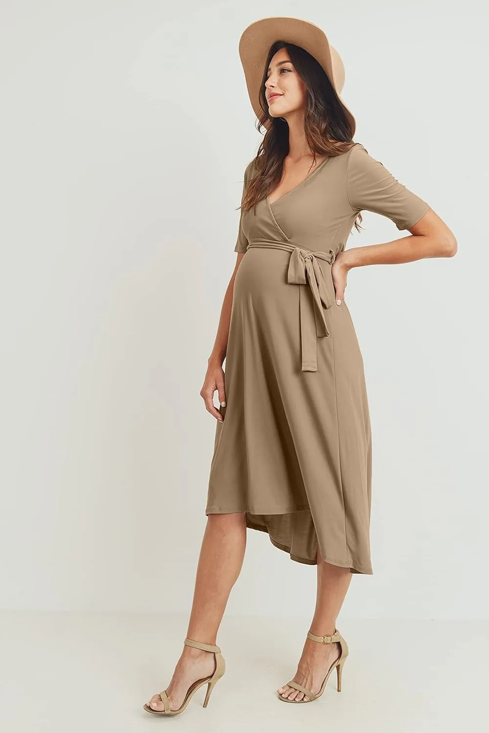 Women's Maternity Wrap Dress Midi Length with Waist Belt