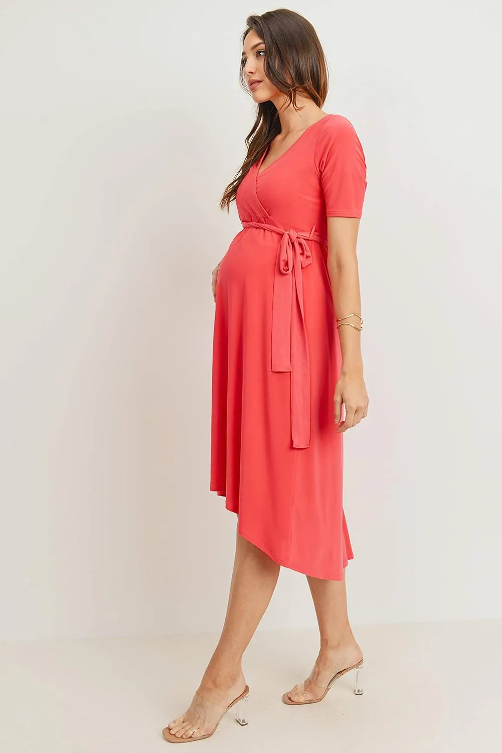 Women's Maternity Wrap Dress Midi Length with Waist Belt