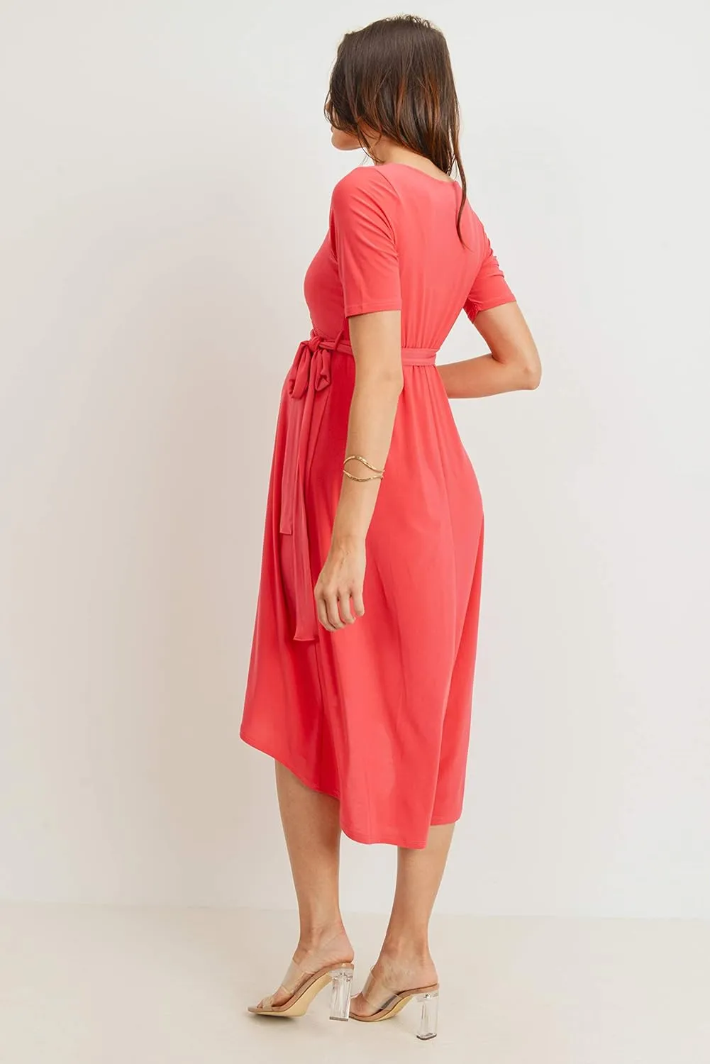 Women's Maternity Wrap Dress Midi Length with Waist Belt
