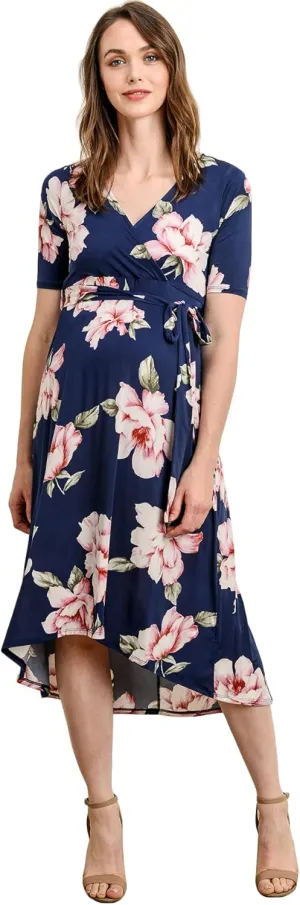 Women's Maternity Wrap Dress Midi Length with Waist Belt