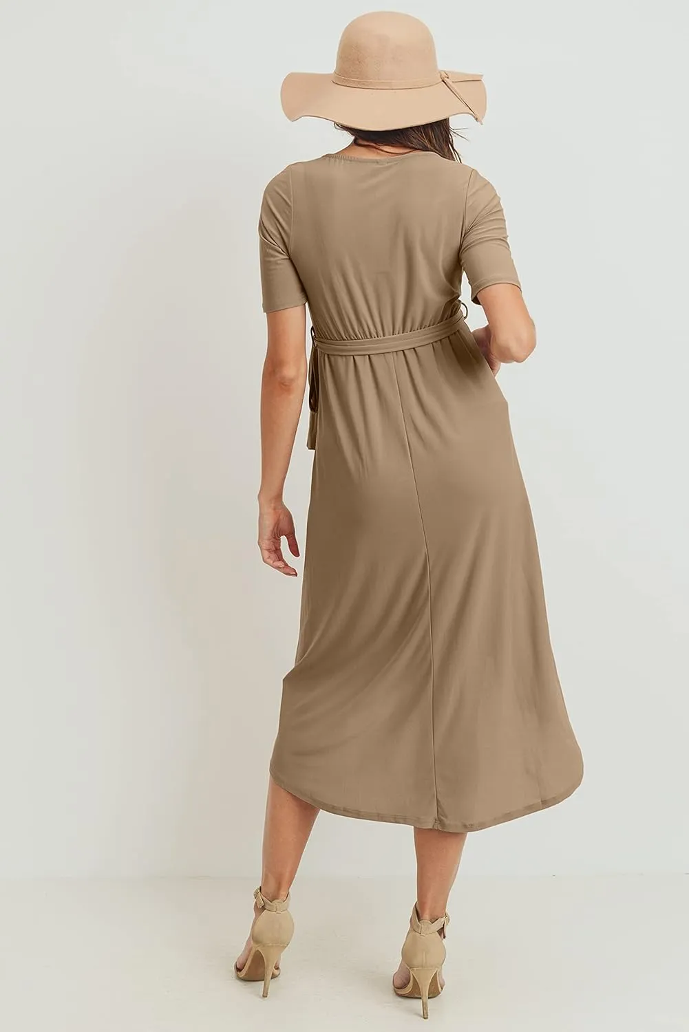 Women's Maternity Wrap Dress Midi Length with Waist Belt
