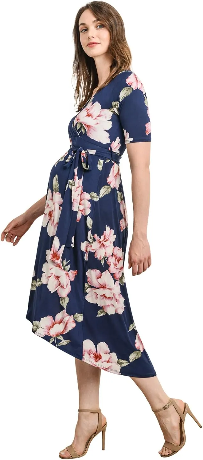 Women's Maternity Wrap Dress Midi Length with Waist Belt