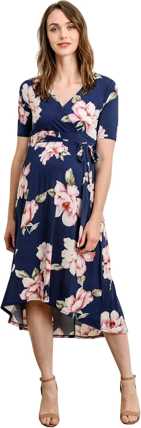 Women's Maternity Wrap Dress Midi Length with Waist Belt