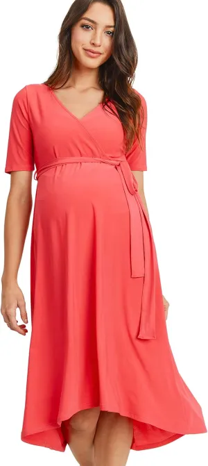 Women's Maternity Wrap Dress Midi Length with Waist Belt