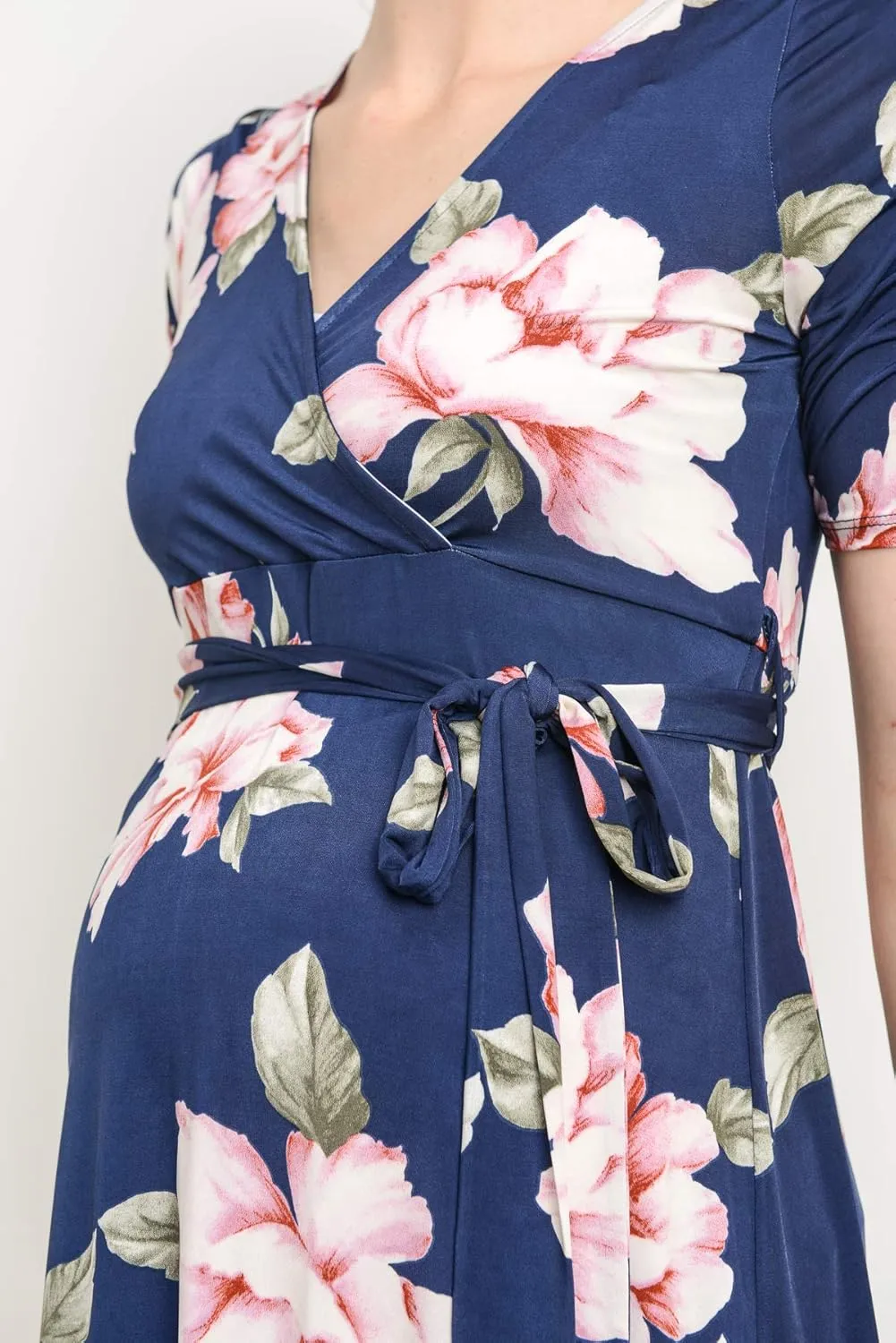Women's Maternity Wrap Dress Midi Length with Waist Belt