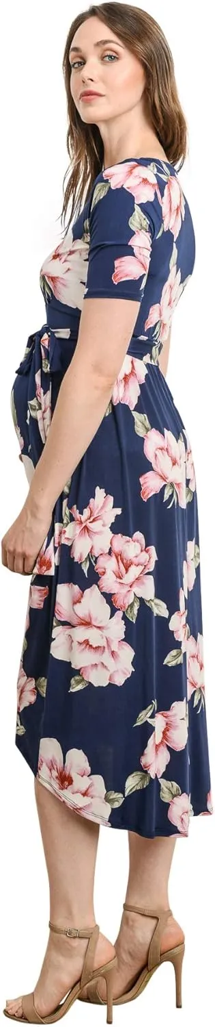 Women's Maternity Wrap Dress Midi Length with Waist Belt