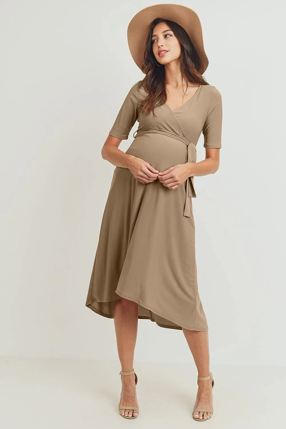 Women's Maternity Wrap Dress Midi Length with Waist Belt