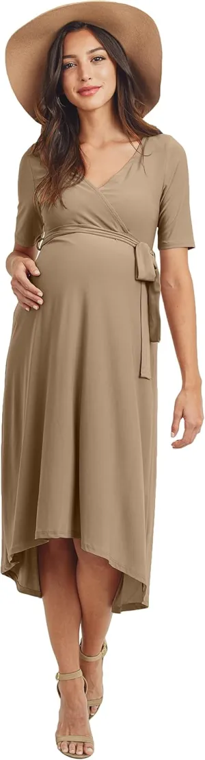 Women's Maternity Wrap Dress Midi Length with Waist Belt