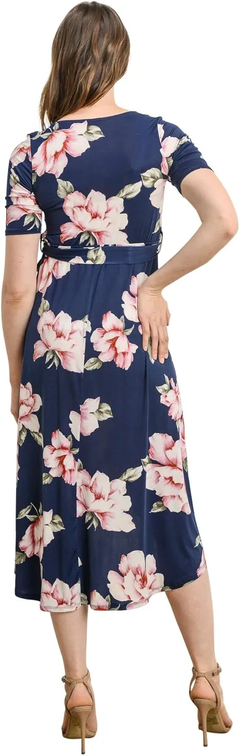 Women's Maternity Wrap Dress Midi Length with Waist Belt