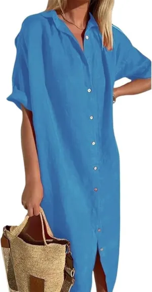Womens Maxi Dress Button Down Rolled-Up Sleeve Cotton Linen Casual Dress Summer Vacation Beach Sundress