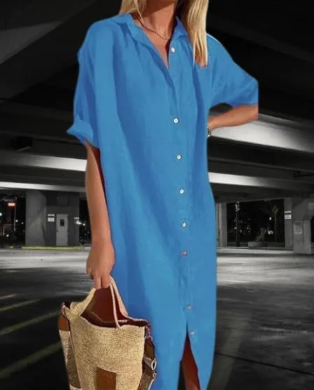 Womens Maxi Dress Button Down Rolled-Up Sleeve Cotton Linen Casual Dress Summer Vacation Beach Sundress
