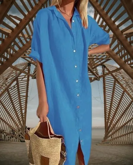 Womens Maxi Dress Button Down Rolled-Up Sleeve Cotton Linen Casual Dress Summer Vacation Beach Sundress