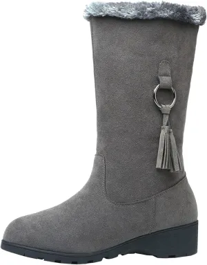 Women's Mid Length Boots Winter New European and Snow Boots Women's and Thick Insulation Snow Boots for Women with Bows (Grey, 7.5)