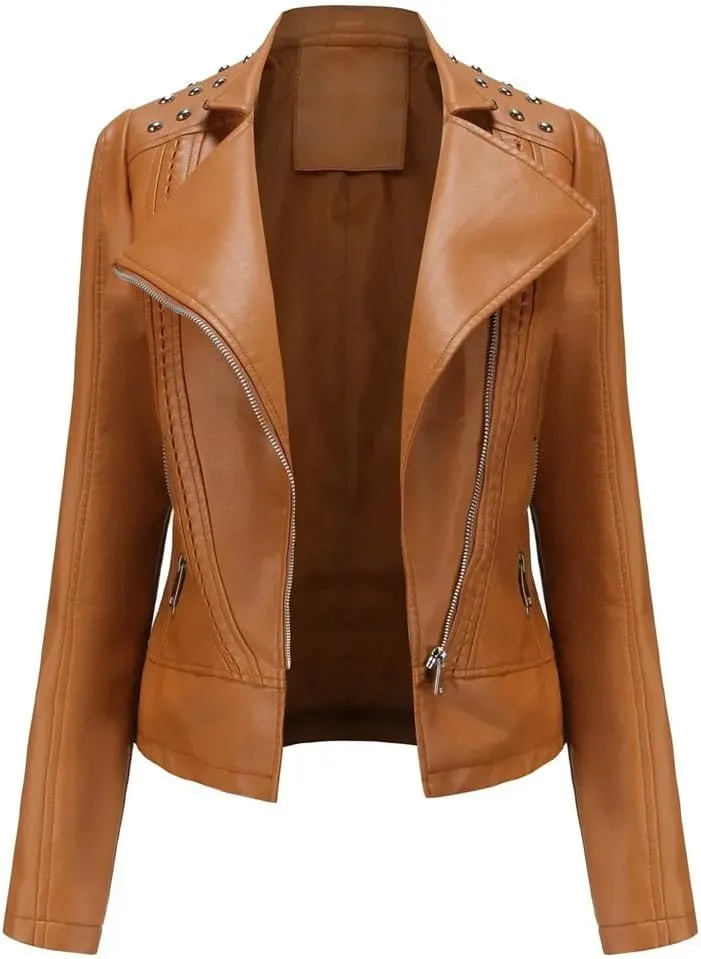Women's Moto Biker Zipper Jacket Spring Autumn Faux Leather Jacket Women Casual Coat