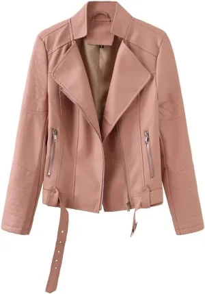 Women's Moto Biker Zipper Jacket Winter Faux Leather Jacket Short Outerwear Women's Top